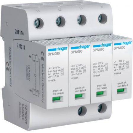 (SPN901) Розрядник клас 1+2, змінний, з індикацією, TN-S, 4п, 50kA/1.5kV, Hager