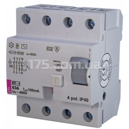 (2063144) Реле дифференциальное (УЗО) EFI-4 63/0,1 тип AC (10kA), ETI