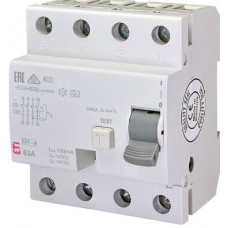 (2063544) Реле дифференциальное (УЗО) EFI-4 63/0,1 тип A (10kA), ETI